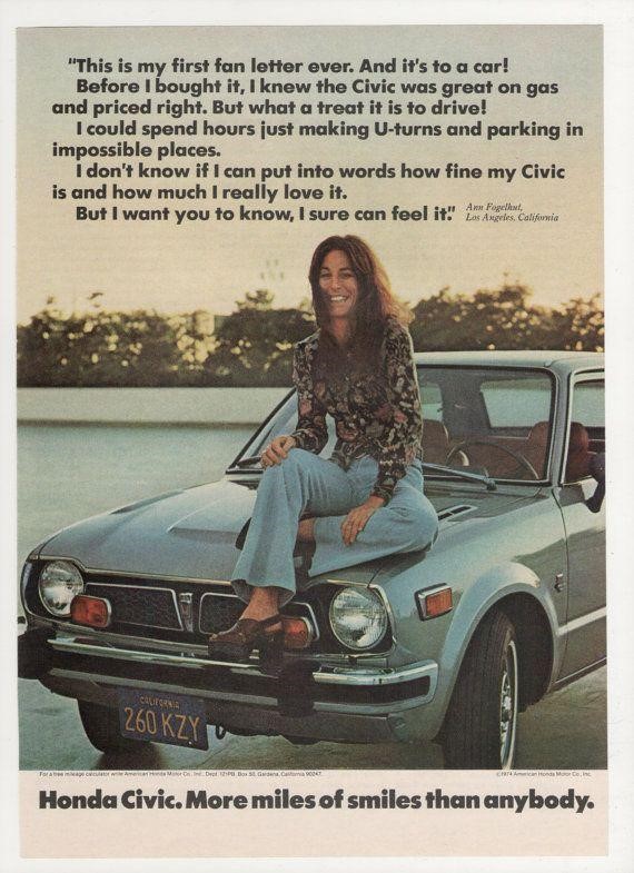 1974 advertisement Honda Civic 70s woman testimonial fashion style sports car.
