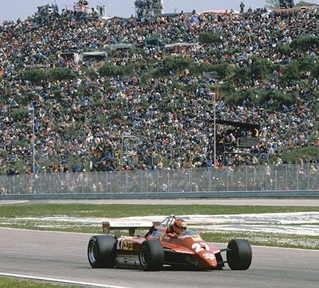 The n. 27 Ferrari in action at the ‘variante bassa’ before the pits during the 1982 San Marino Grand Prix.