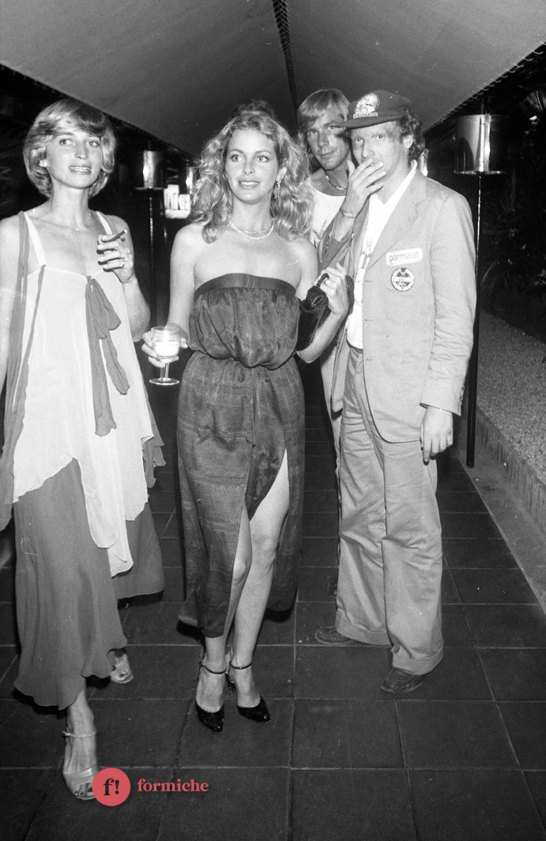 Niki Lauda, Sydne Rome and James Hunt at Jackie O’ in 1977.