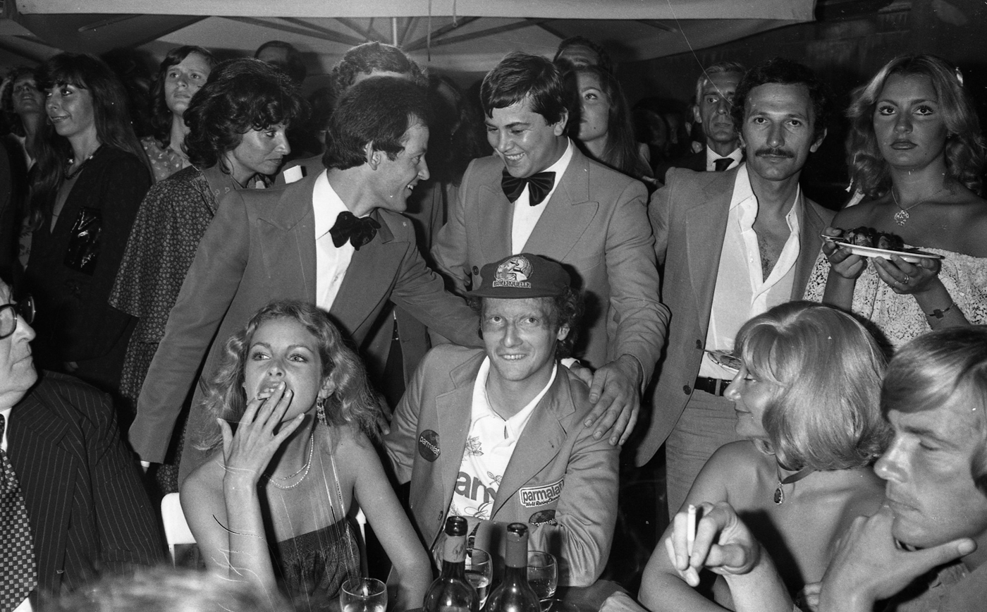 Sydne Rome with Niki Lauda and James Hunt at Parmalat party at Jackie O’ in 1977.