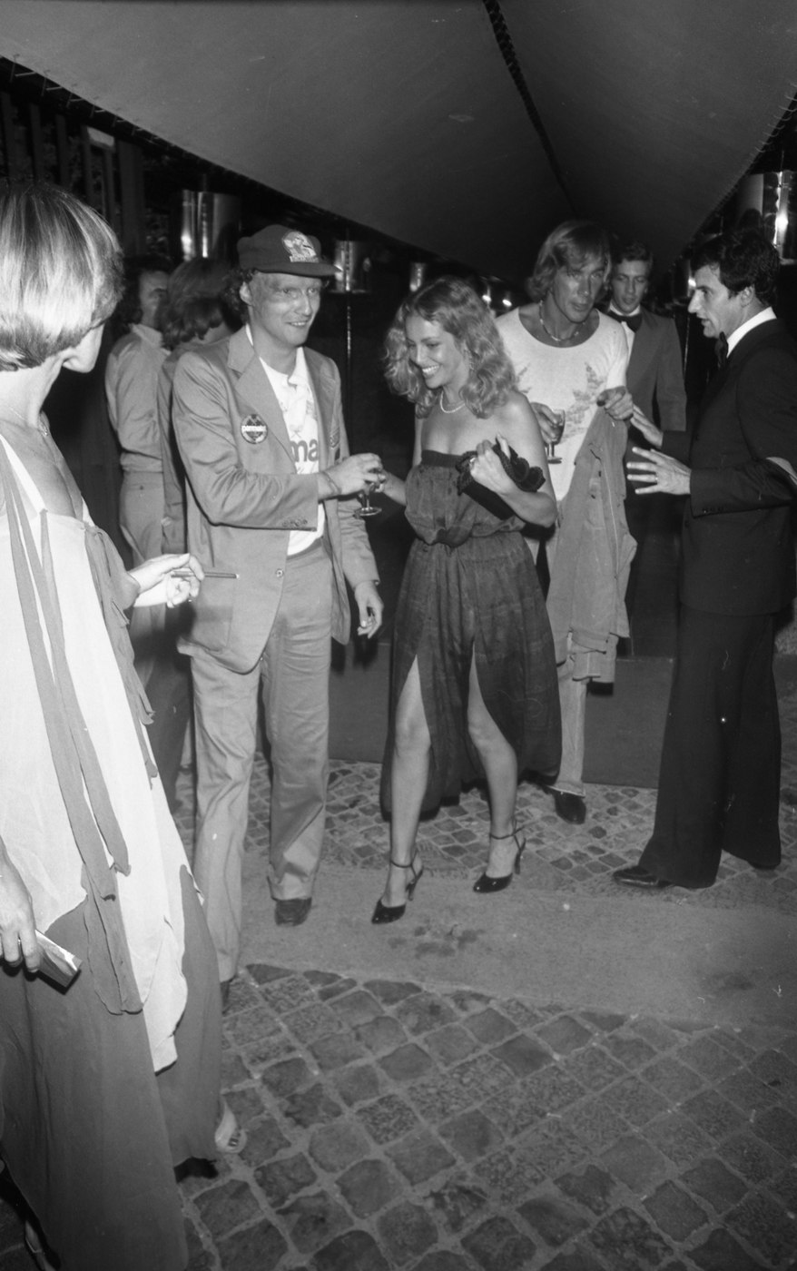 Sydne Rome with Niki Lauda and James Hunt at Parmalat party at Jackie O’ in 1977.