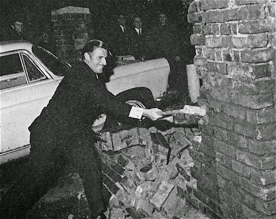 Hill demolishing part of the London RC clubhouse in 1968. I think modern attitudes to driving a car into a brick wall for a stunt may be different.
