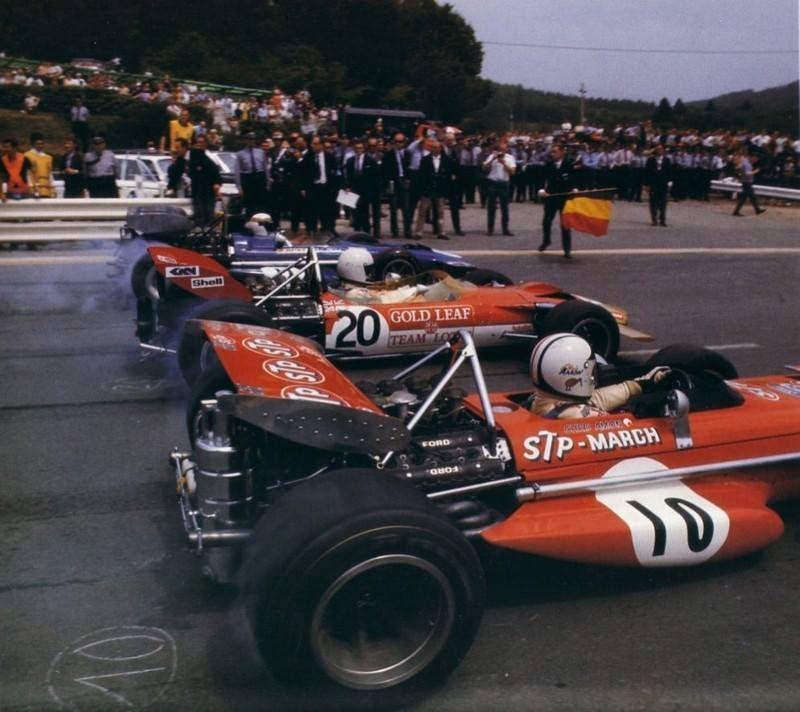 Chris Amon, Jochen Rindt and Jackie Stewart starting at Spa in 1970.