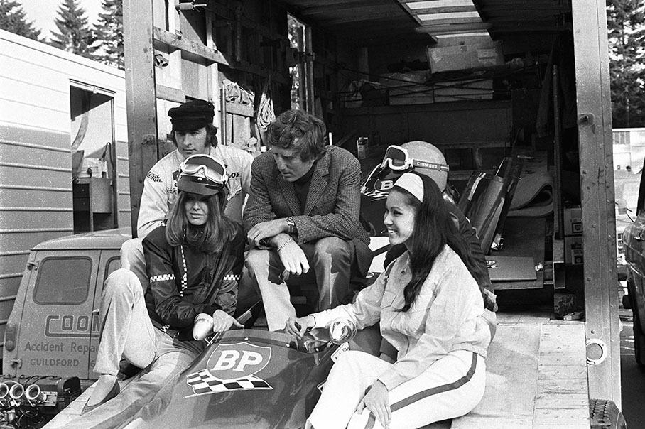 Jackie Stewart and Jochen Rindt introduce Lotus Formula 2 team's new sponsor BP during the German GP at Nuerburgring in 1969. 