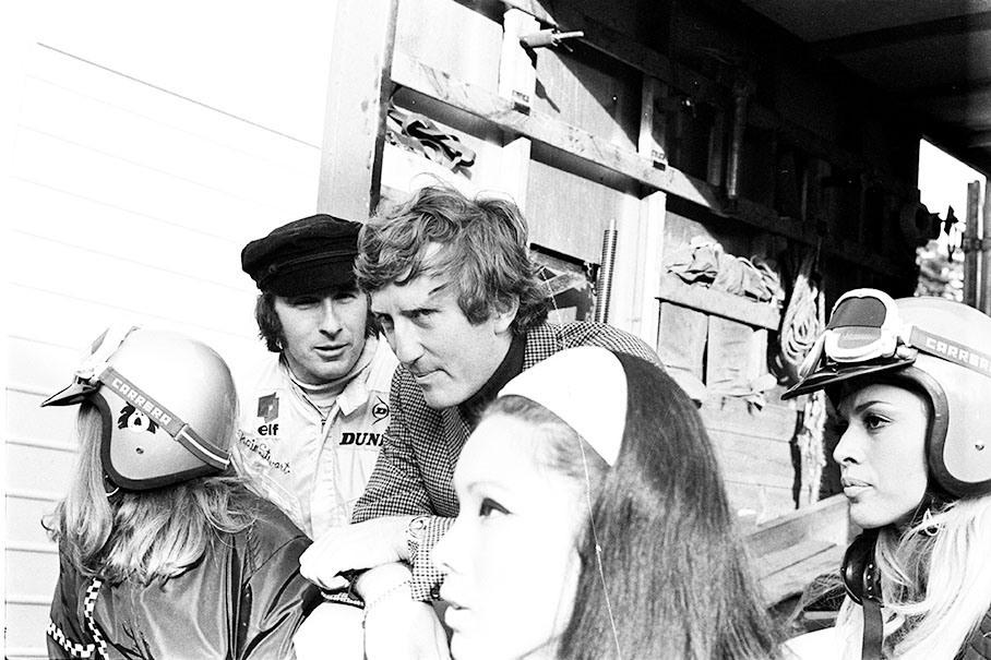 Jackie Stewart and Jochen Rindt introduce Lotus Formula 2 team's new sponsor BP during the German GP at Nuerburgring in 1969.