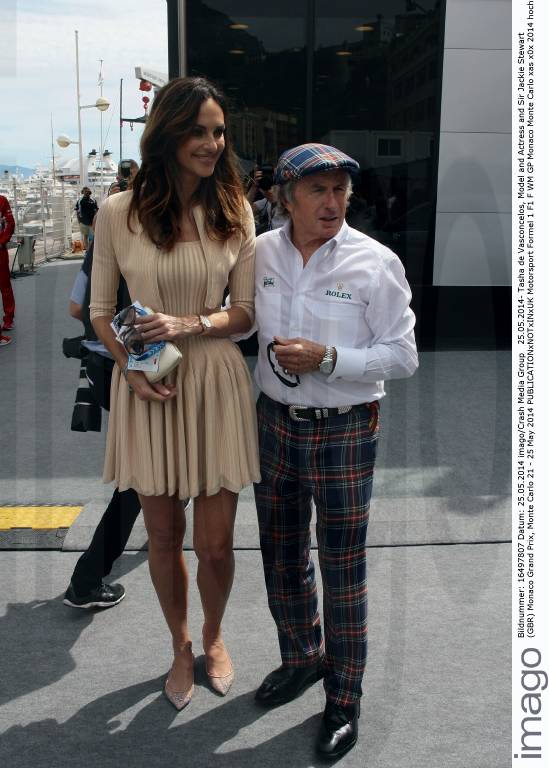 Tasha de Vasconcelos, model and actress, with Jackie Stewart at Monaco Grand Prix on Sunday 25th May 2014.
