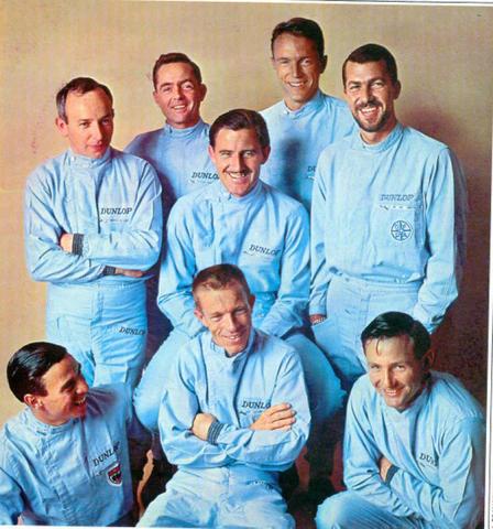 Left to right John Surtees, Phil Hill, Graham Hill, Dan Gurney, Jo Bonnier, Front Jim Clark, Richie Ginther and Bruce McLaren.