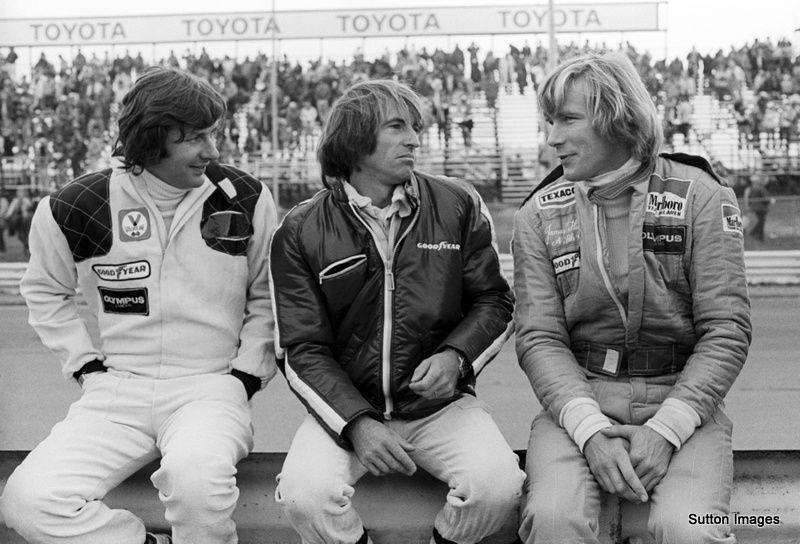 James Hunt with Jean-Pierre Jarier and Jacques Laffite at the United States Grand Prix (East) at Watkins Glen.