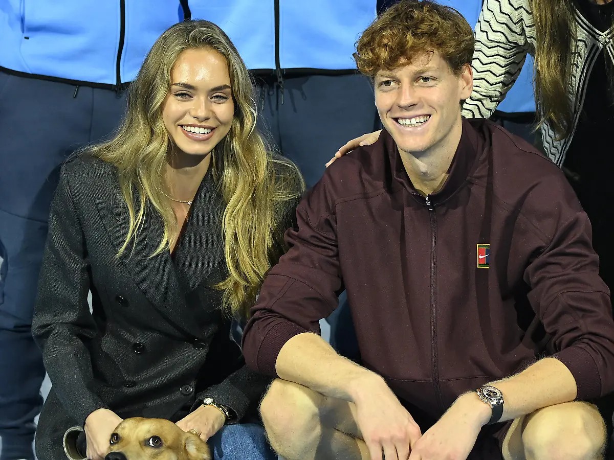 Jannik Sinner together with his current girlfriend, the model Laila Hasanovic and her dog Snoopy while celebrating the victory at the ATP Finals in Turin, Italy, on 16 November 2025. 