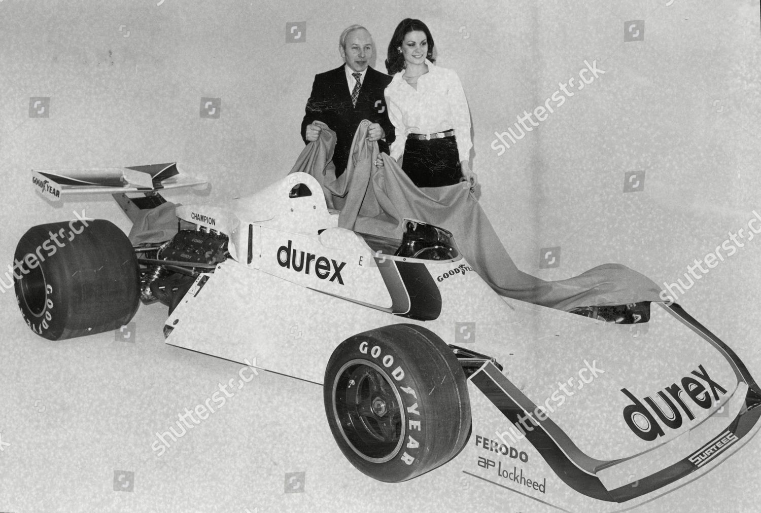 February 18,1976. John Surtees and model Vicki Harris launch a new racing car sponsored by Durex.