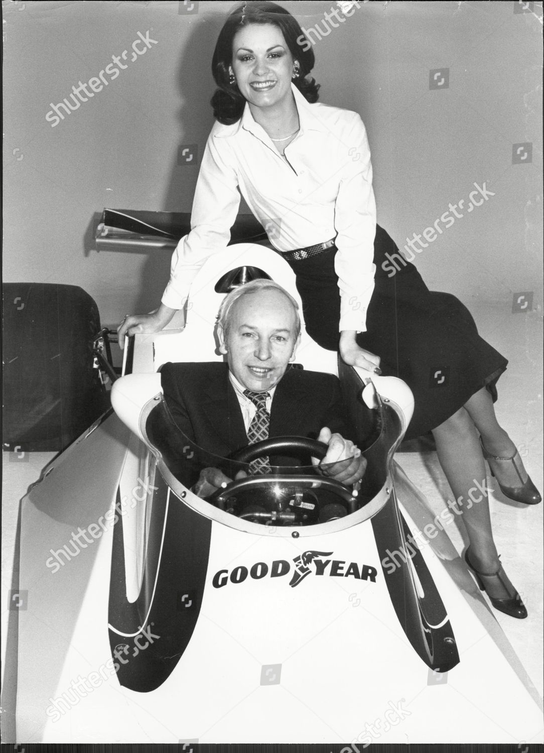 February 18,1976. John Surtees and model Vicki Harris launch a new racing car sponsored by Durex. 
