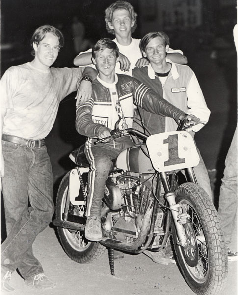 Kenny Roberts taking a photo opportunity on Mert Lawwill's H-D XLRTT (retired due to a broken chain) at Ascot in 1970.