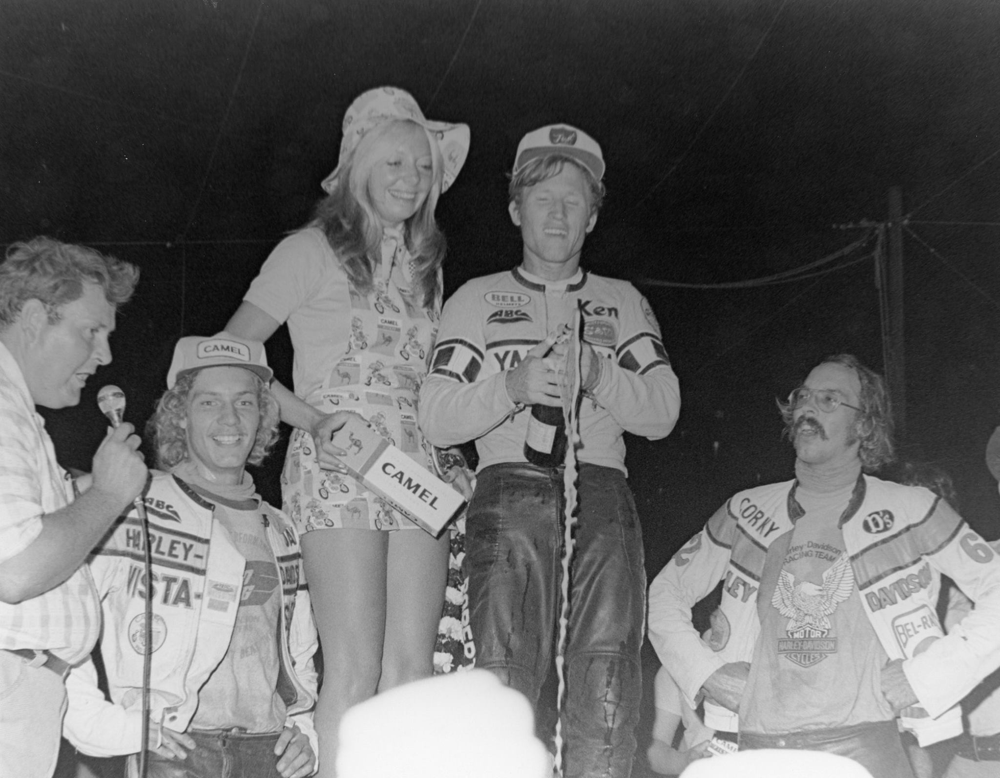 Kenny Roberts wins the 1975 Indy Mile on a liquid-cooled TZ 750. Corky Keener 2nd, Jay Springsteen 3rd. 