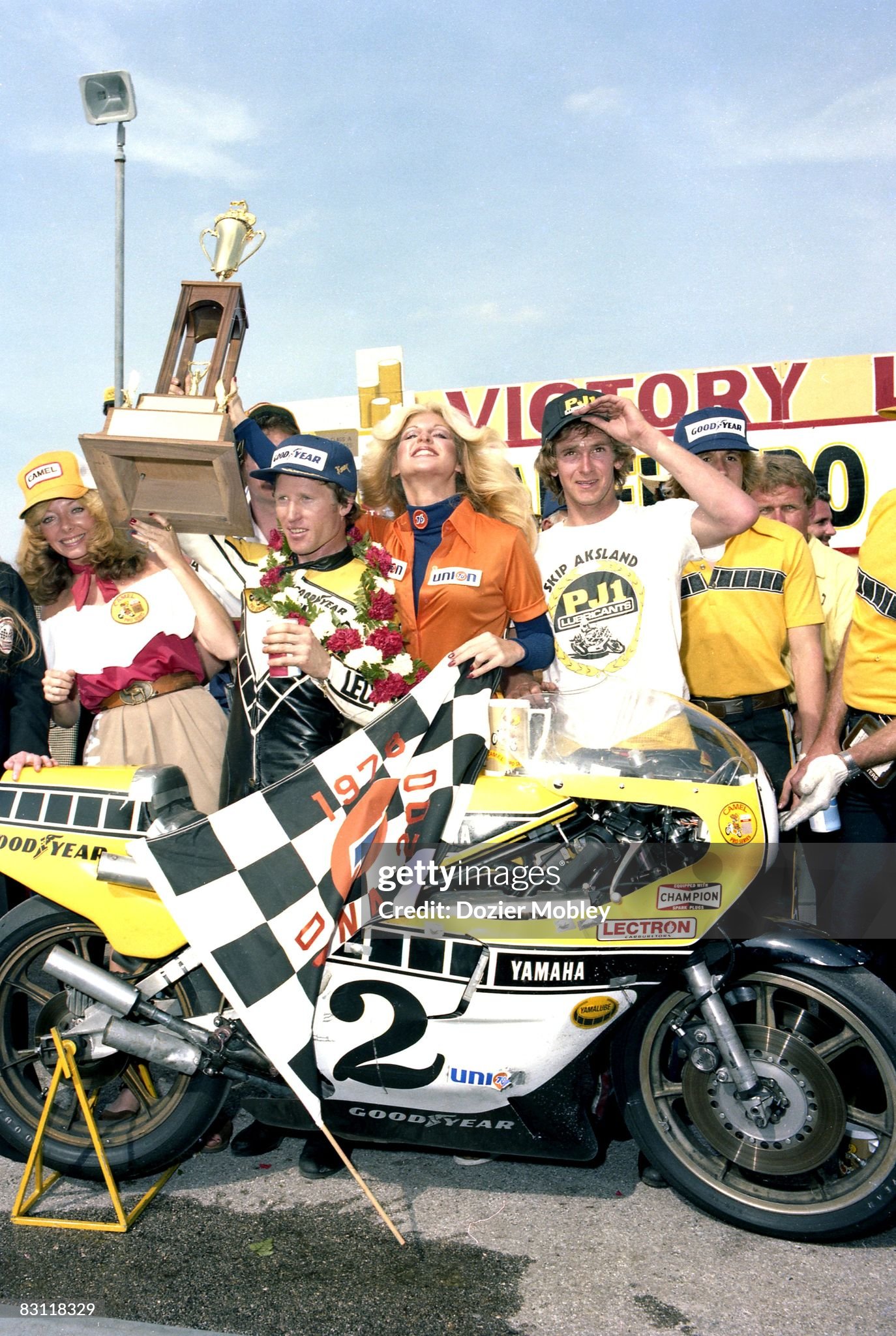Kenny Roberts celebrates after winning the AMA Camel Pro Series Superbike Daytona 200 in March, 1978 at the Daytona International Speedway in Daytona Beach, Florida. 
