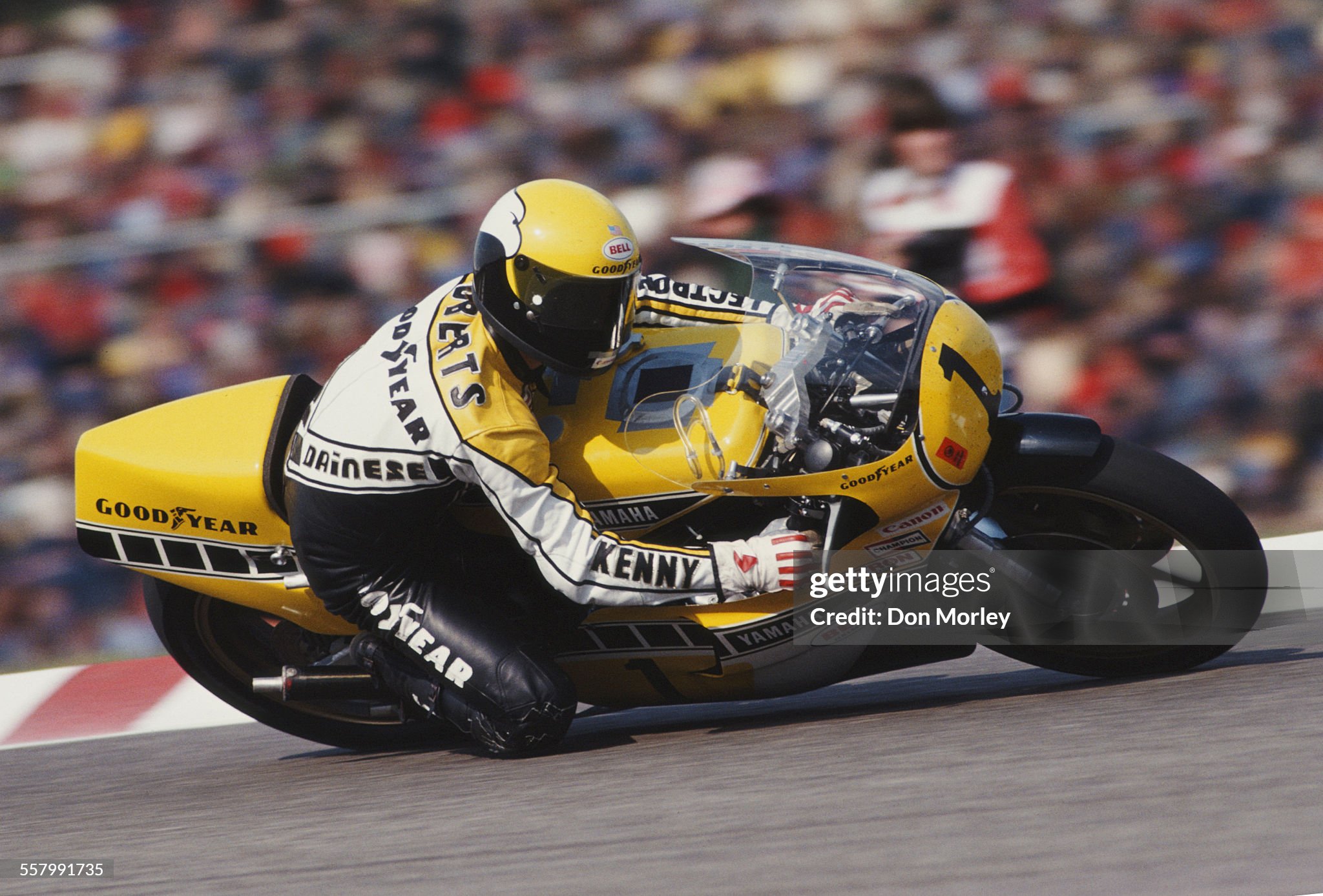 Kenny Roberts of the United States rides the #1 Yamaha YZR 500 during the German motorcycle Grand Prix on 06 May 1979 at the Hockenheimring circuit in Hockenheim. 