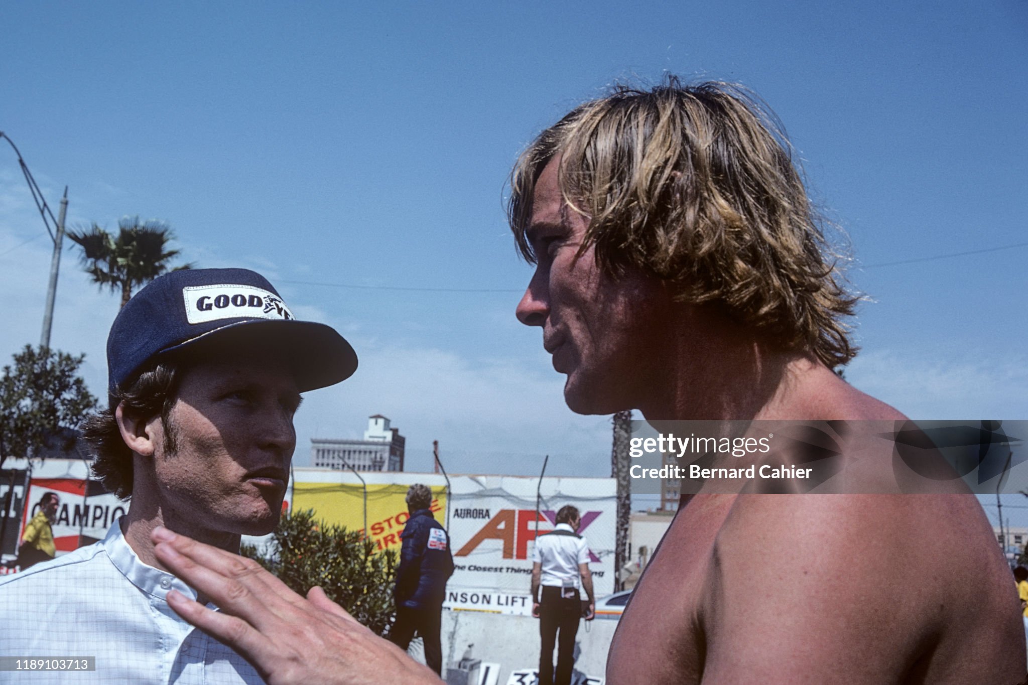 James Hunt in discussion with motorcycle champion Kenny Roberts at the Grand Prix of the United States in Watkins Glen, New York, on 07 October 1979.