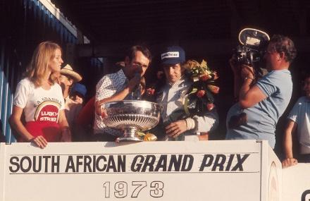 1973 South African GP, Kyalami. Jackie Stewart (Tyrrell Ford) 1st position on the podium.
