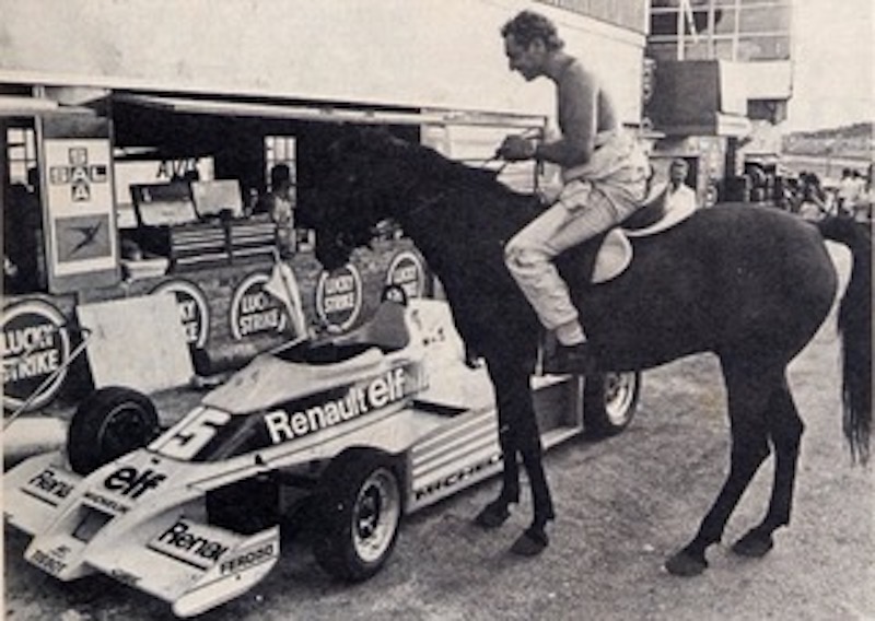 Jochen Mass on horse, Kyalami 1978. 