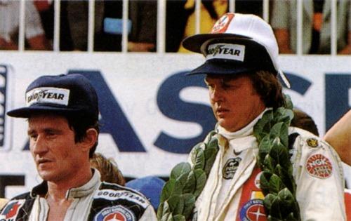 Patrick Depailler and Ronnie Peterson (going a little overboard on the headwear) at the 1978 South African GP. Patrick did not suit hats. And he has no underwear on again. Ronnie looks silly.