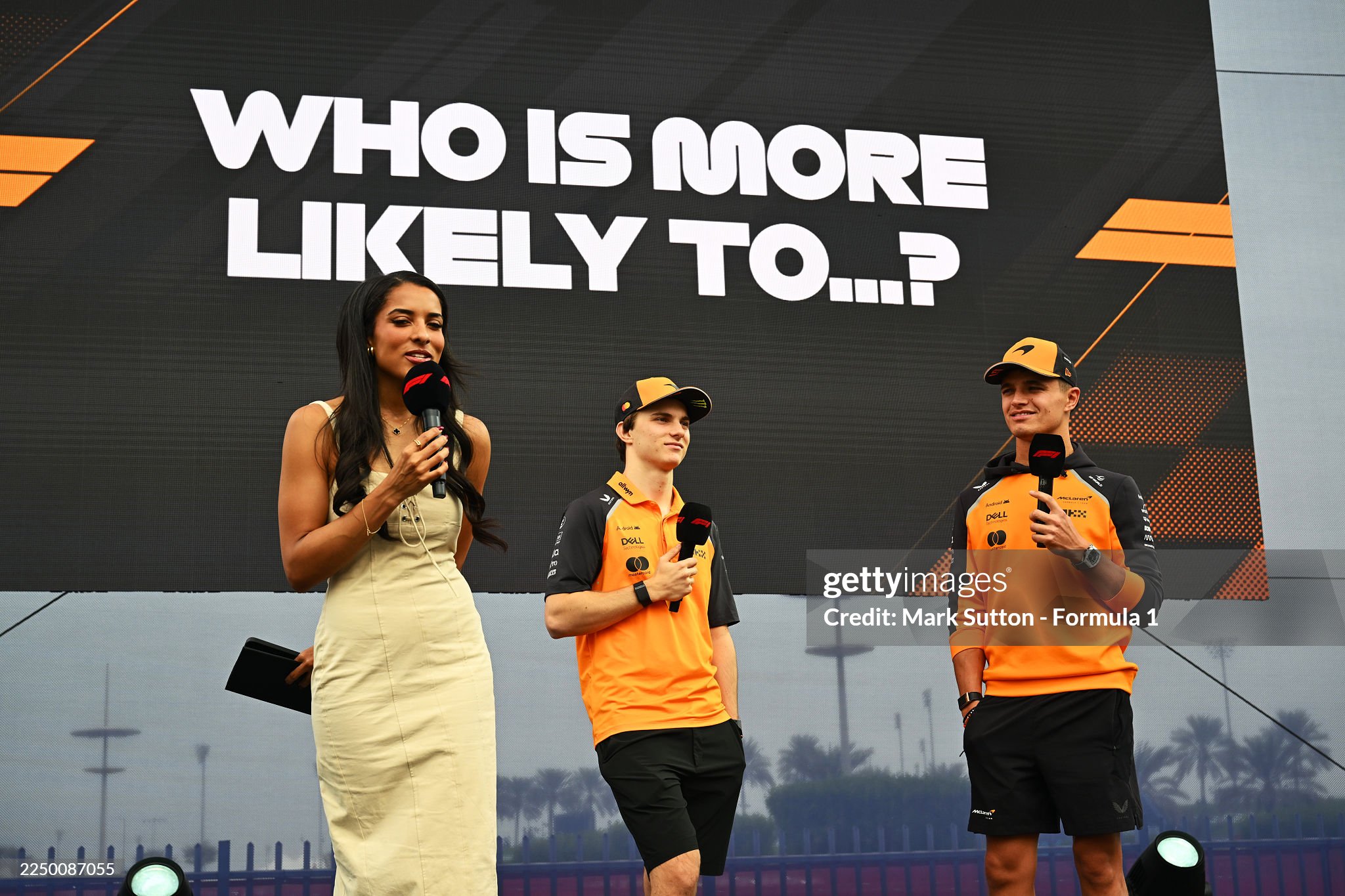 Oscar Piastri of Australia and McLaren and Lando Norris of Great Britain and McLaren on stage prior to practice ahead of the F1 Grand Prix of Abu Dhabi at Yas Marina circuit on 05 December 2025 in Abu Dhabi, United Arab Emirates. 