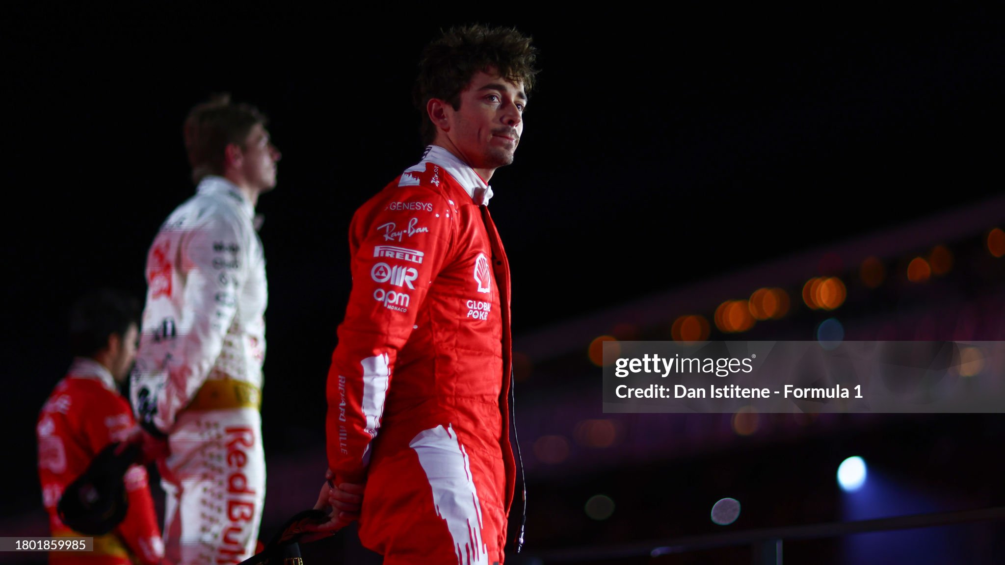 Second placed Charles Leclerc of Monaco and Ferrari celebrates on the podium during the F1 Grand Prix of Las Vegas at Las Vegas Strip Circuit on November 18, 2023 in Las Vegas, Nevada. 