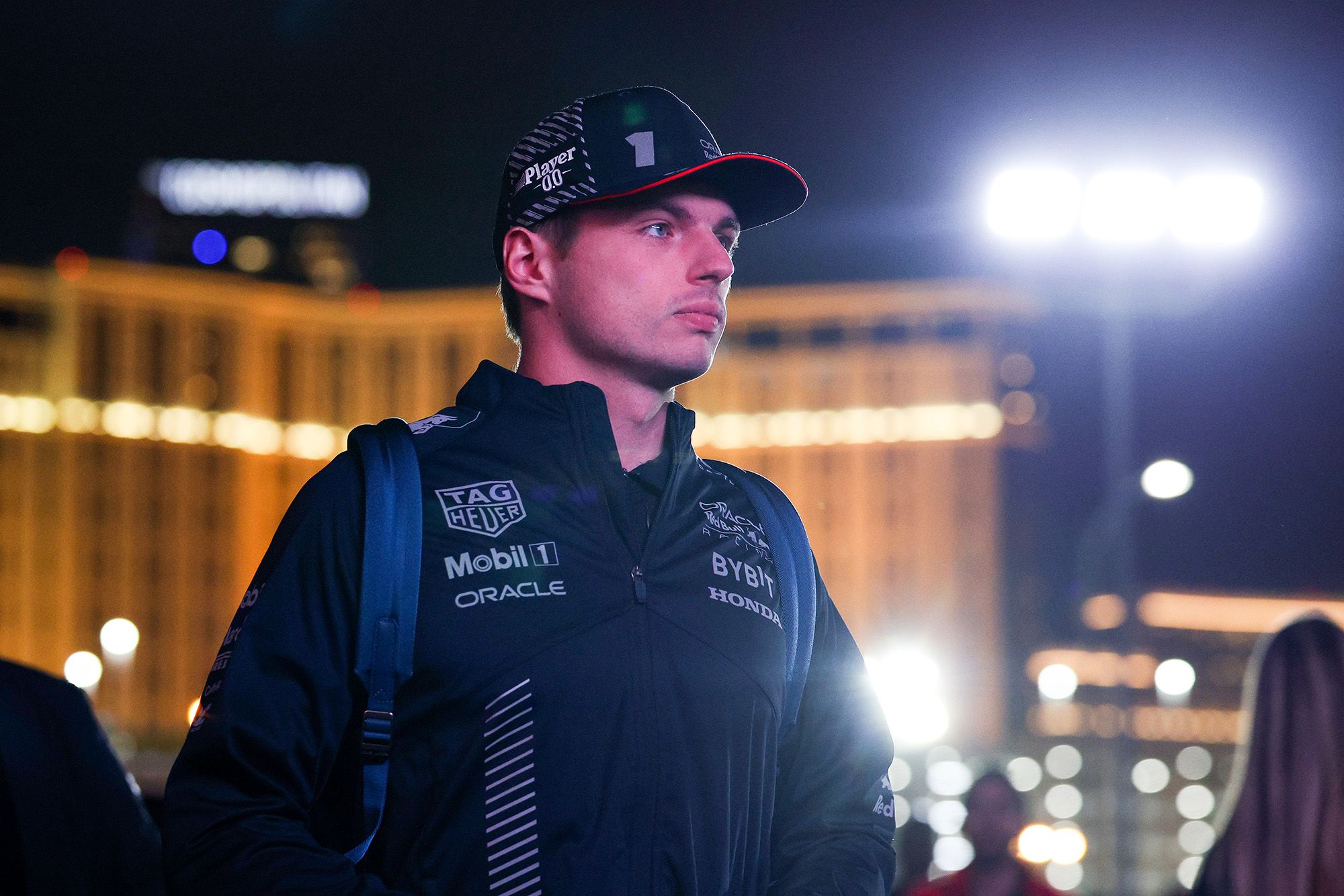 F1 champion driver Max Verstappen, of the Netherlands and Red Bull Racing, in the Las Vegas Grand Prix paddock on 15 November 2023. 