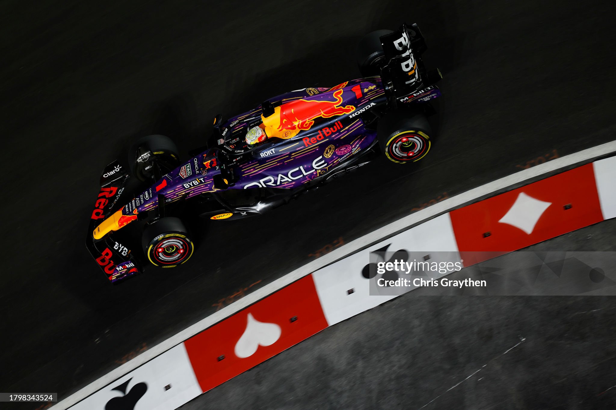 Max Verstappen of the Netherlands driving the (1) Oracle Red Bull Racing RB19 on track during practice ahead of the F1 Grand Prix of Las Vegas at Las Vegas Strip Circuit on November 17, 2023 in Las Vegas, Nevada. 