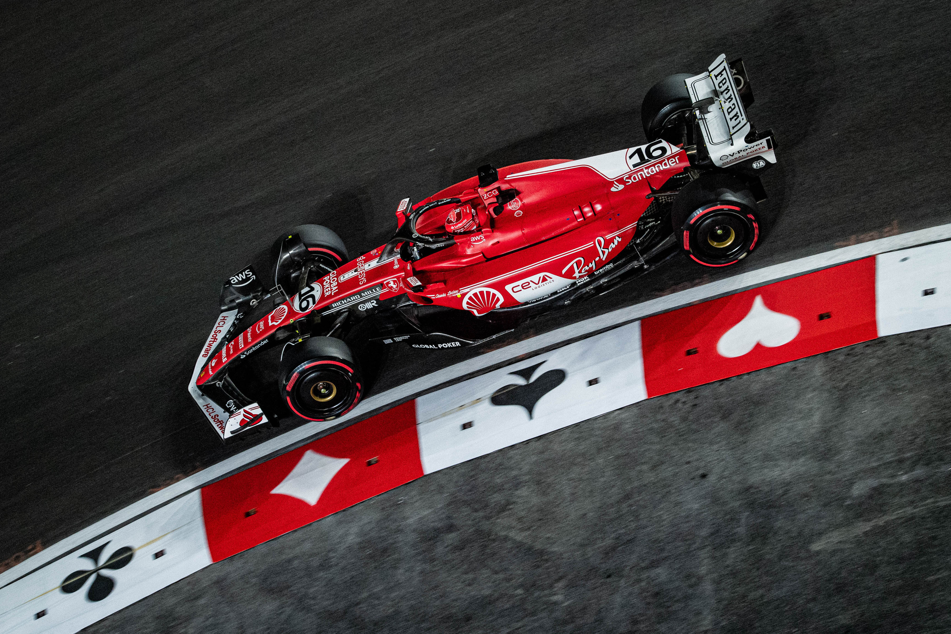 Charles Leclerc, Ferrari, in action in Las Vegas on 18 November 2023. 