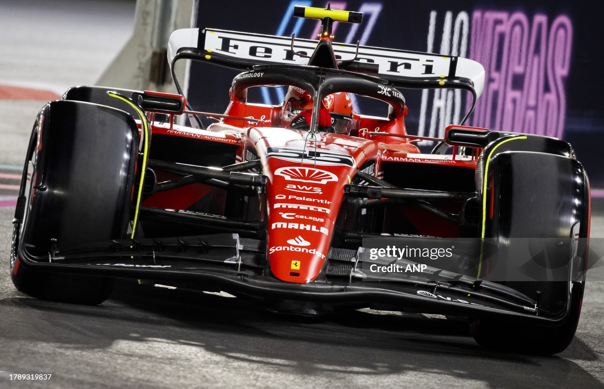 Carlos Sainz, Ferrari, during qualifying prior to the 2023 Las Vegas Formula 1 Grand Prix at the Las Vegas Strip Circuit in Nevada. 