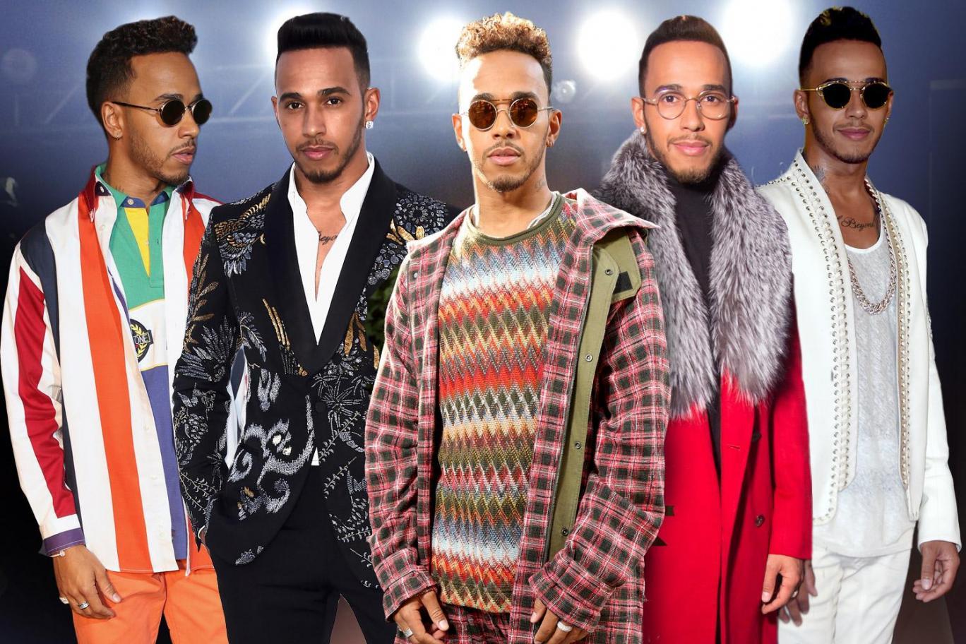 Lewis Hamilton with different clothes.