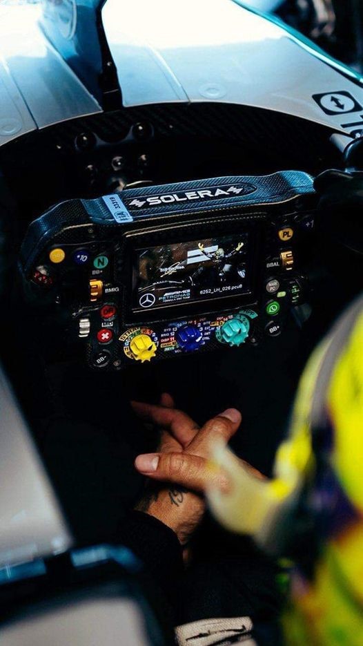 Lewis’ cockpit view and his Mercedes steering wheel.