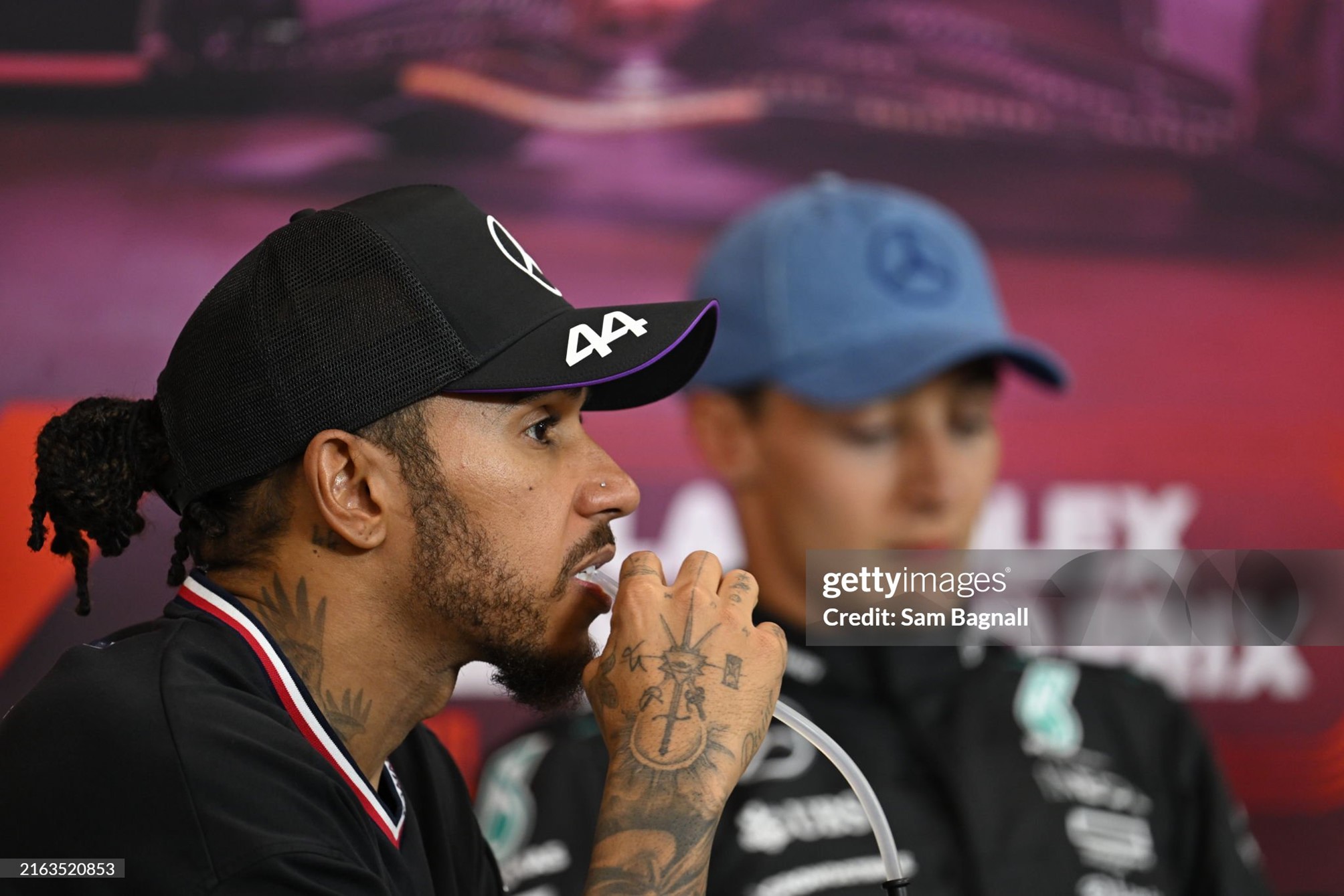 George Russell, Mercedes-AMG, 1st position and Lewis Hamilton, Mercedes-AMG, 2nd position, in the press conference after the F1 Grand Prix of Belgium at Circuit de Spa-Francorchamps on July 28, 2024. 