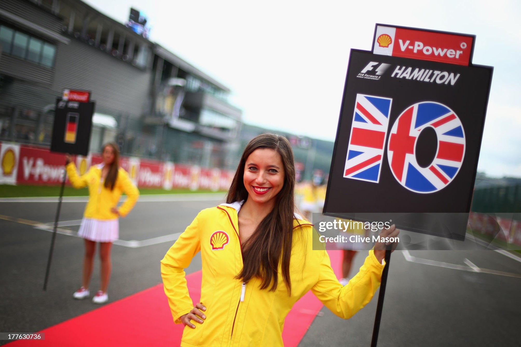 Grid girl for Lewis Hamilton, Mercedes, is seen at the drivers parade before the Belgian Grand Prix at Circuit de Spa-Francorchamps in Spa, Belgium, on 25 August 2013. 