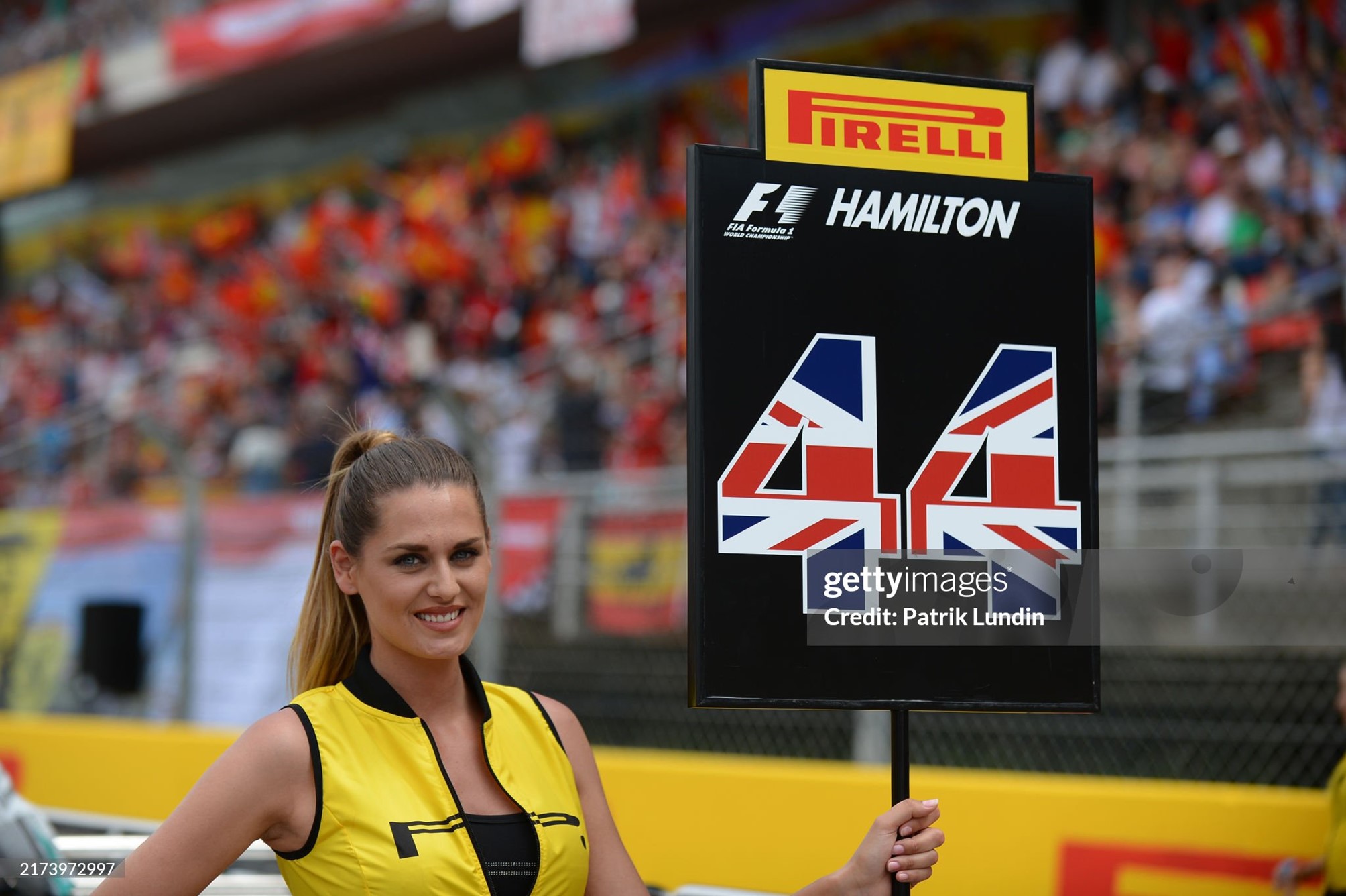 Grid girl for Lewis Hamilton at the Spanish Grand Prix in Barcelona, Spain, on Sunday 11 May 2014. 