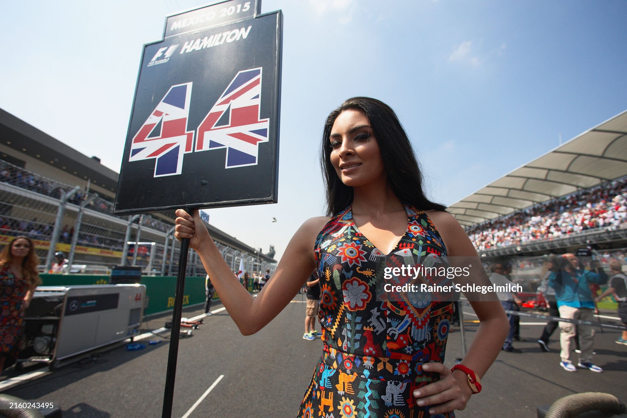 A grid girl poses with the race number of Lewis Hamilton before the Mexican Grand Prix at Circuit Hermanos Rodriguez in Mexico City, Mexico, on Sunday 01 November 2015. 