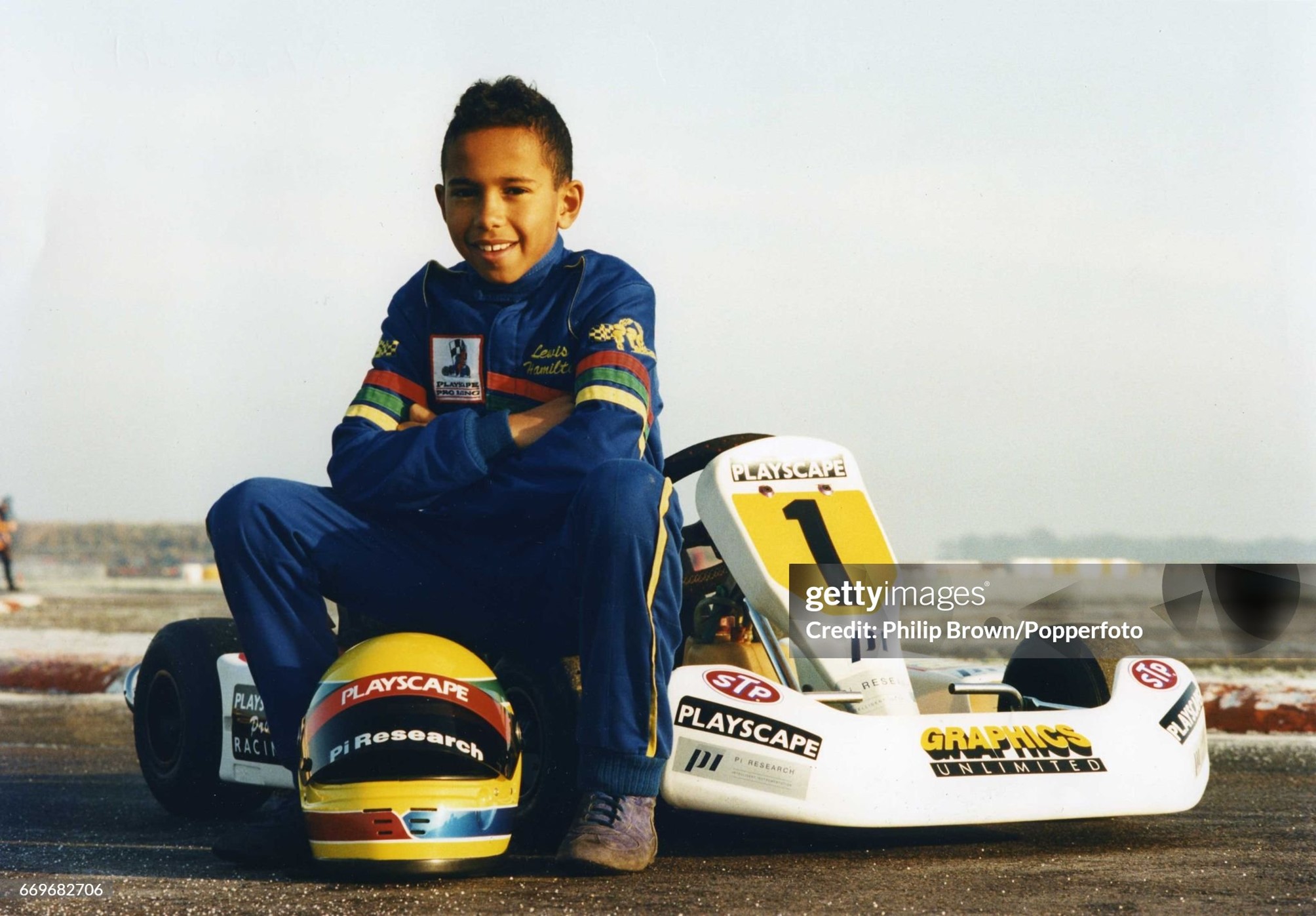 British Junior Go Kart racer Lewis Hamilton, aged 10, ready for a drive at Kimbolton race track in England on 19 December 1995. 