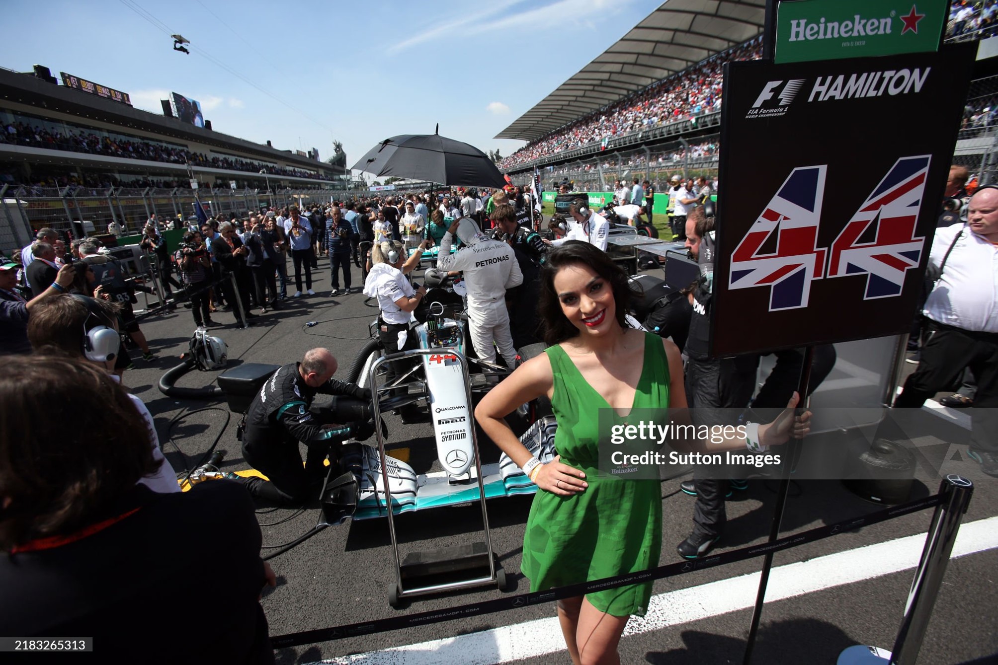 Lewis Hamilton, Mercedes, on the grid with a grid girl at the Mexican Grand Prix at Circuit Hermanos Rodriguez in Mexico City, Mexico, on Sunday 30 October 2016. 