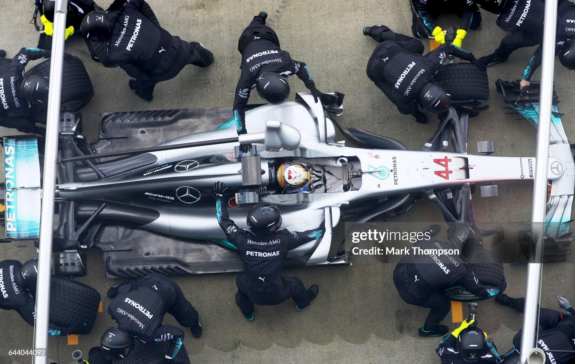 Lewis Hamilton returns to the garage for a tyre-change during the launch of the Mercedes Formula One team's 2017 car, the W08, at Silverstone Circuit in Northampton, England, on 23 February 2017. 