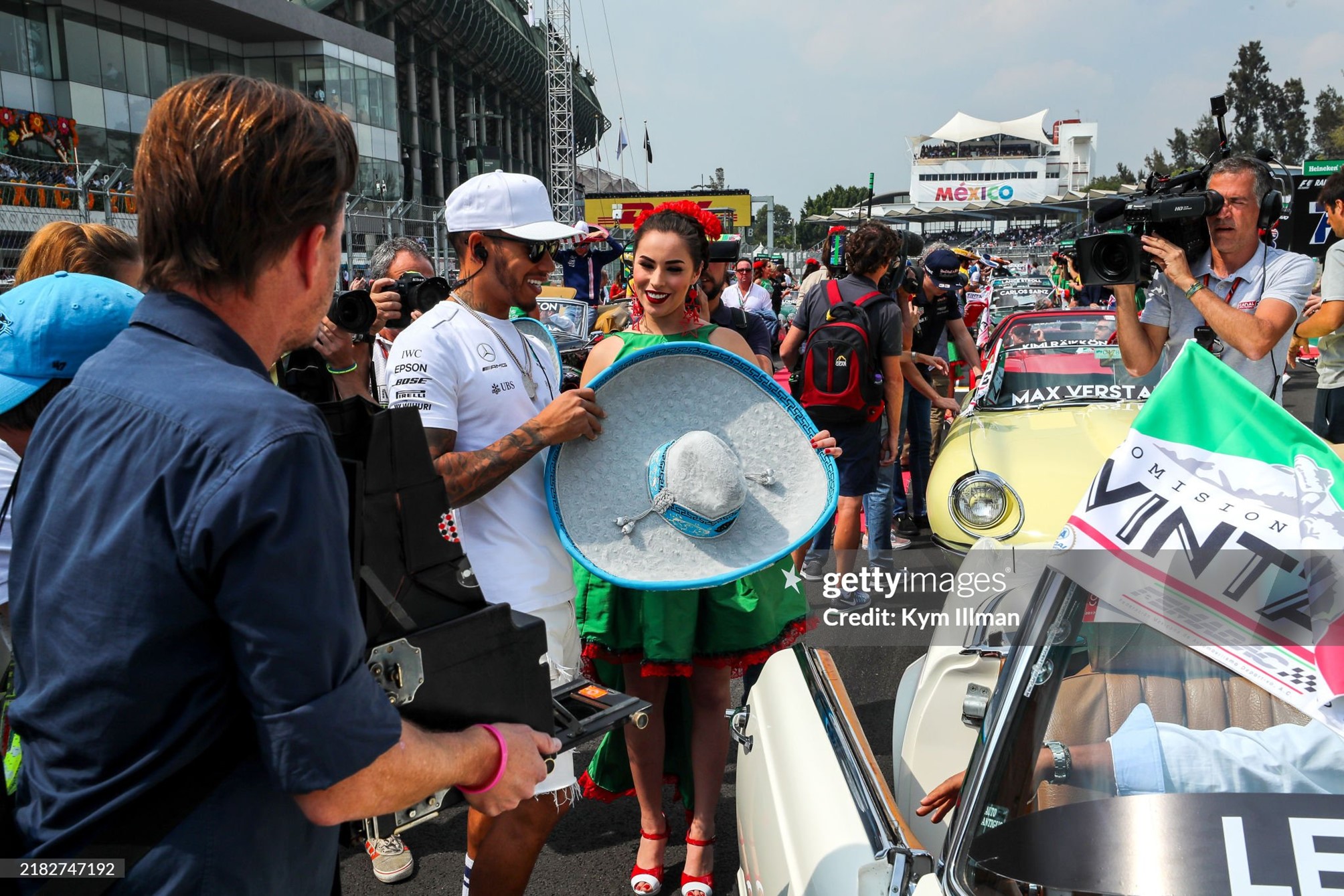 Lewis Hamilton with a grid girl and a sombrero during the drivers parade at the Mexican Grand Prix at Circuit Hermanos Rodriguez in Mexico City, Mexico, on Sunday 29 October 2017. 