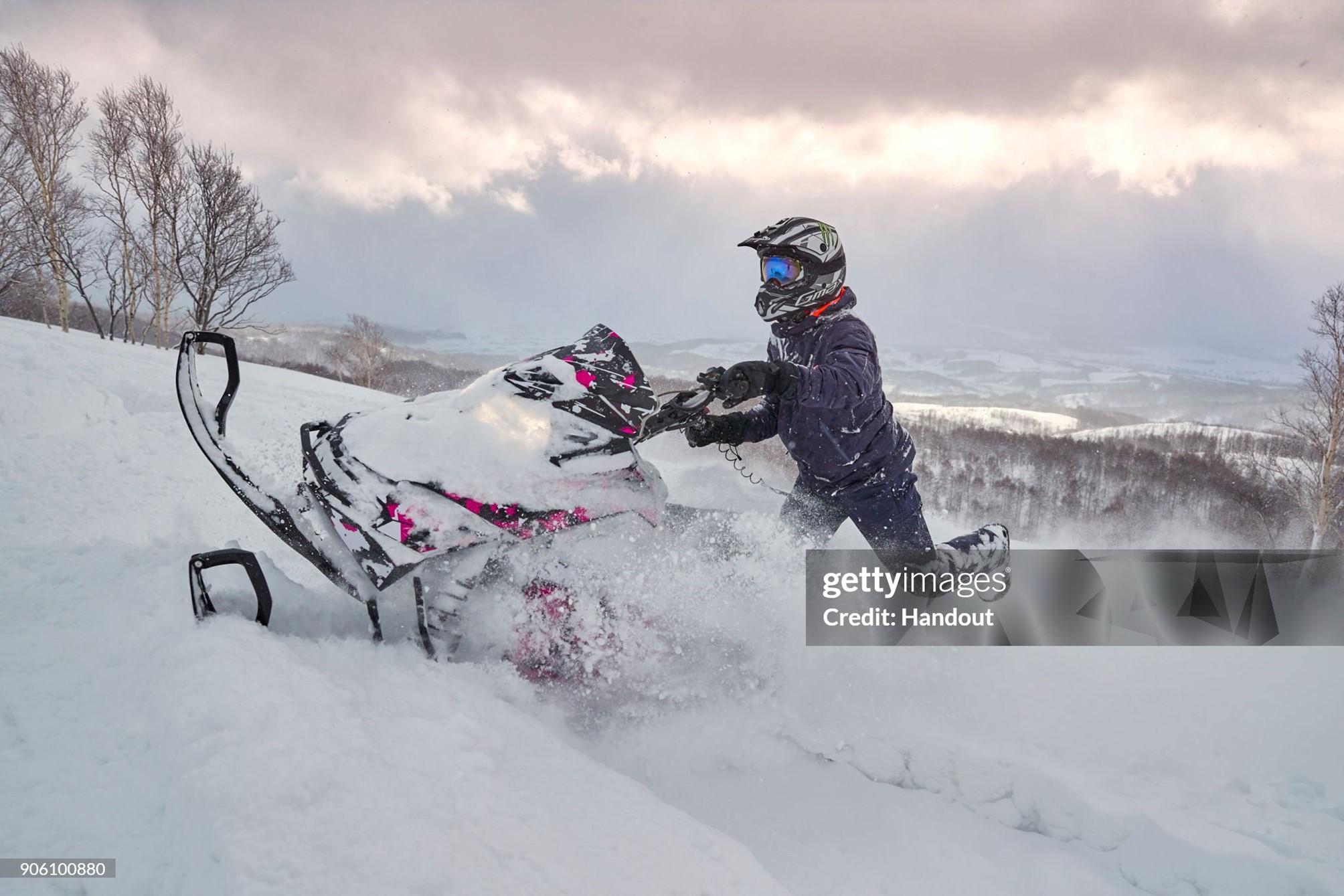 In this handout image provided by Monster Energy, four-time F1 World Champion Lewis Hamilton hones his ski-doo skills in January 2018 in Niseko, Hokkaido Island, Japan. 