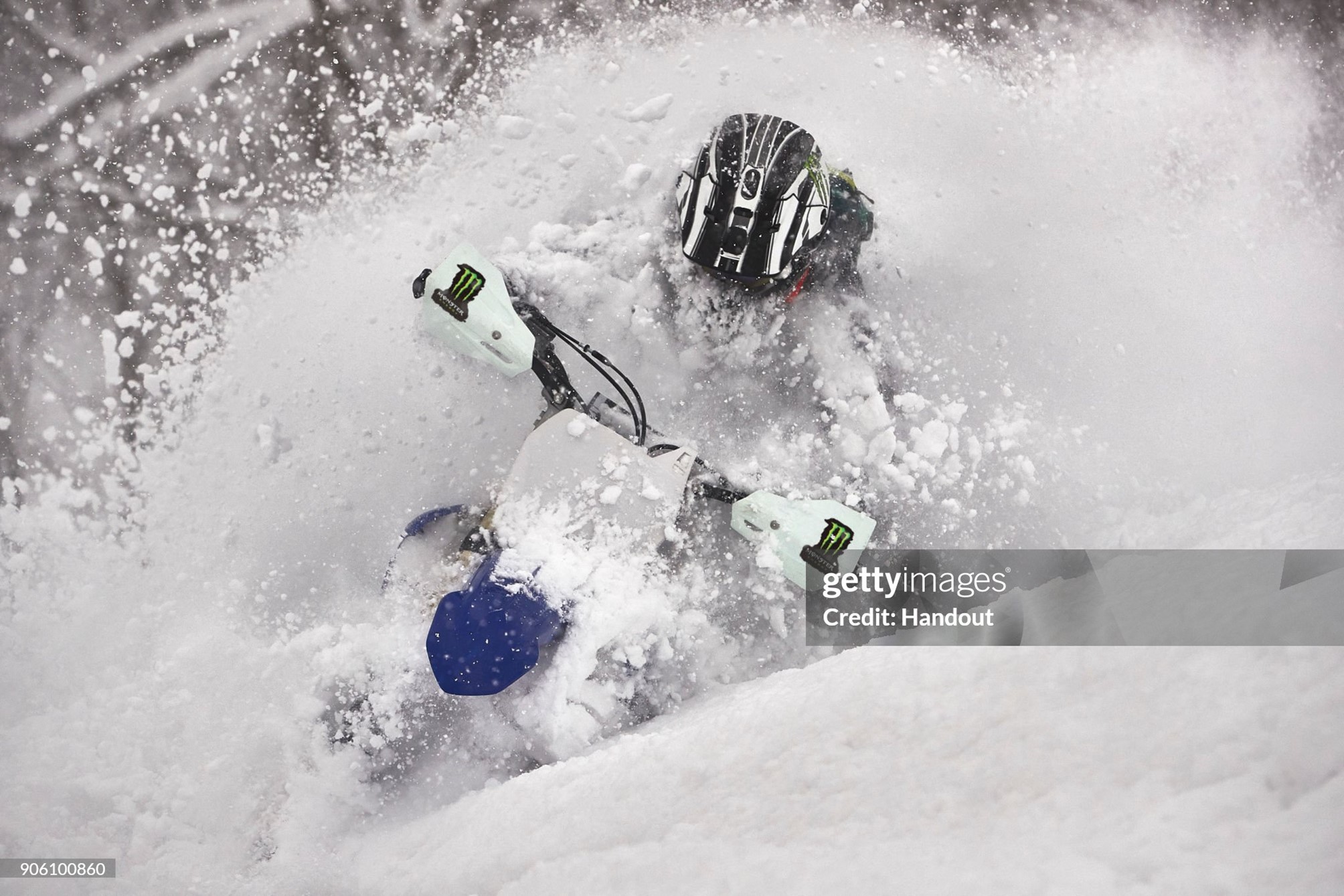 In this handout image provided by Monster Energy, four-time F1 World Champion Lewis Hamilton rides a snowbike in January 2018 in Niseko, Hokkaido Island, Japan. 