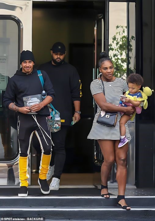 Serena Williams bumped into British racing driver Lewis Hamilton while shopping at XIV Karats LTD in Beverly Hills with her adorable daughter Alexis Olympia.