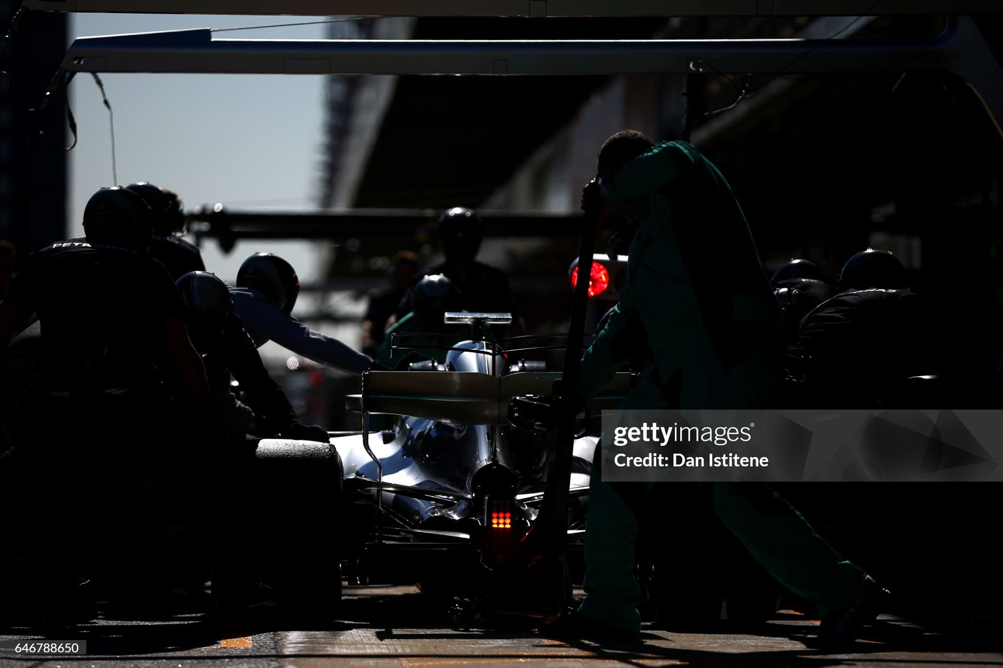 Lewis Hamilton returns to the garage in the Mercedes WO8 for a tyre change during day three of Formula One winter testing at Circuit de Catalunya on 01 March 2017 in Montmelo, Spain. 