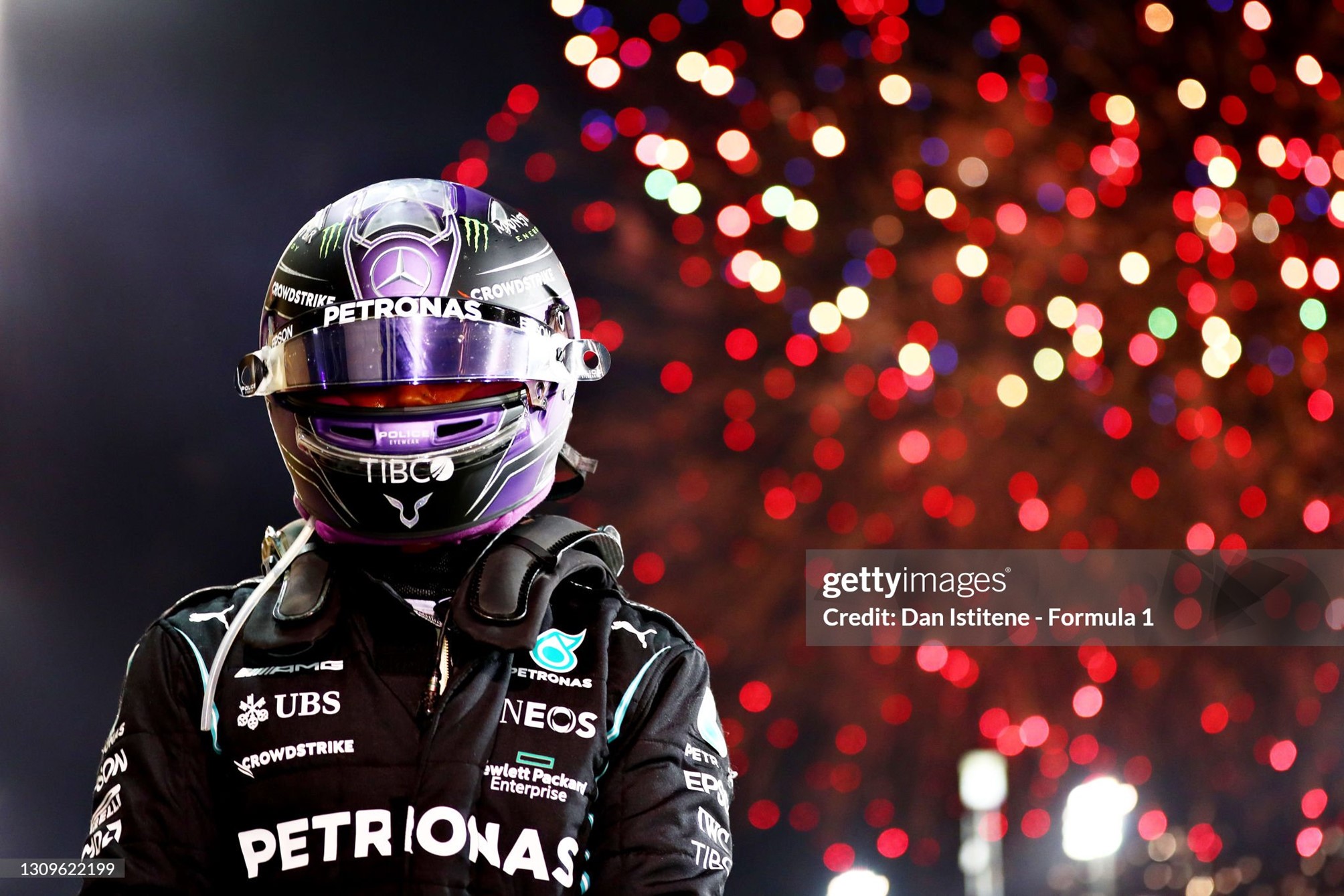 Lewis Hamilton celebrates in parc ferme after the F1 Grand Prix of Bahrain at Bahrain International Circuit on March 28, 2021. 