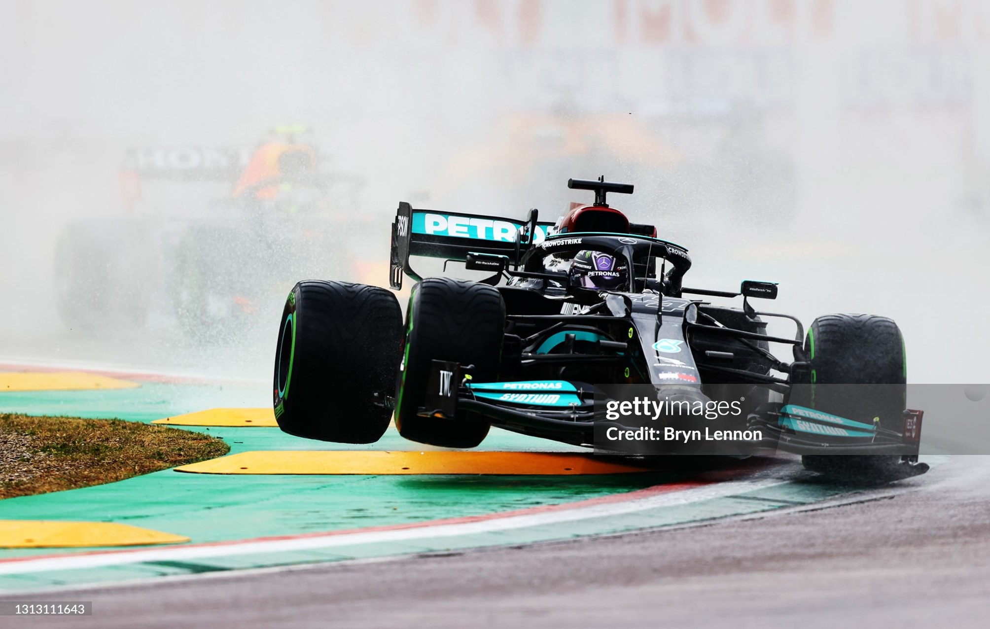 Lewis Hamilton launches off a raised kerb during the F1 Grand Prix of Emilia Romagna at Autodromo Enzo e Dino Ferrari in Imola, Italy, on 18 April 2021. 