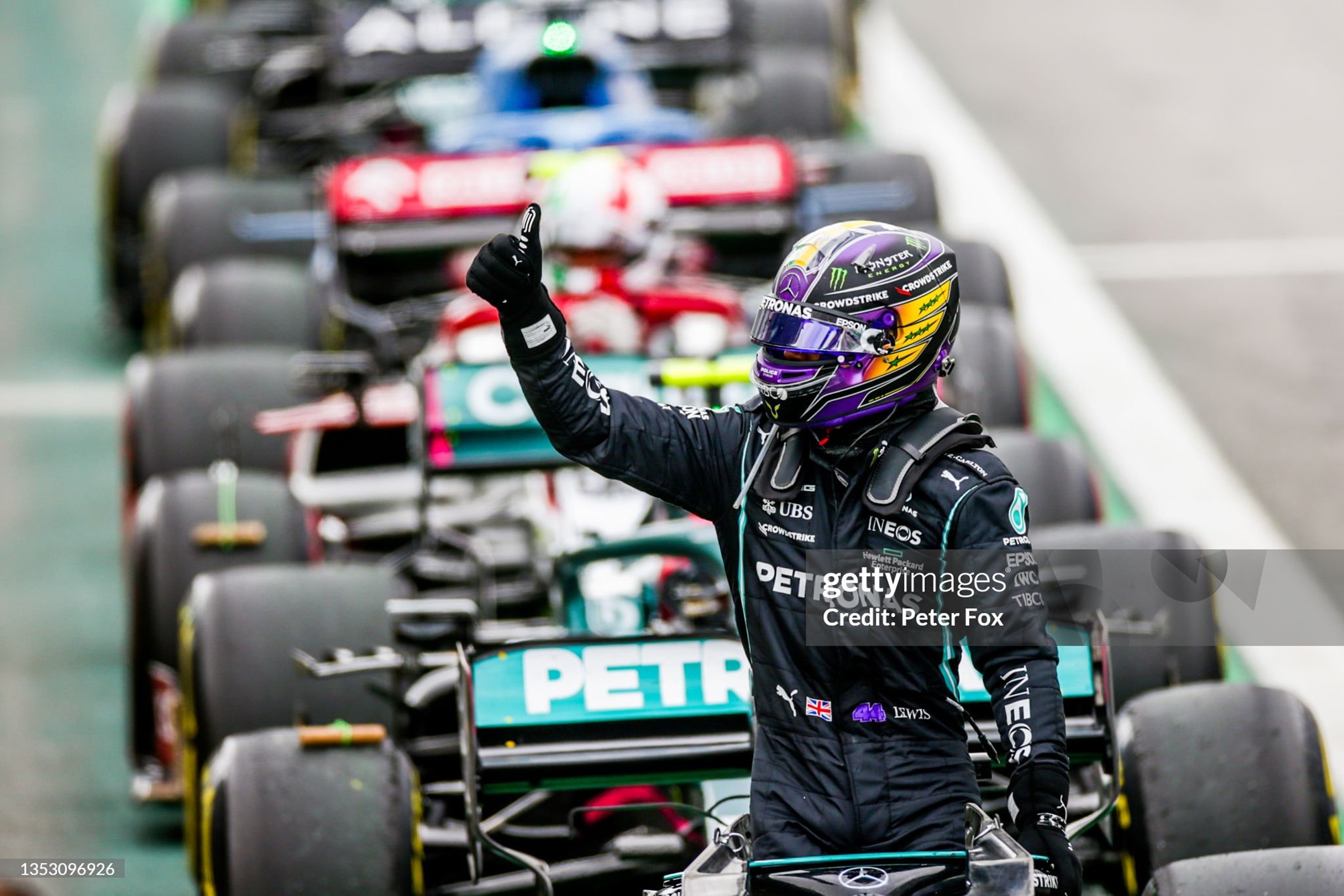 Lewis Hamilton waves to the crowd after finishing in fifth position in the sprint race ahead of the F1 Grand Prix of Brazil at Autodromo Jose Carlos Pace in Sao Paulo, Brazil, on 13 November 2021. 