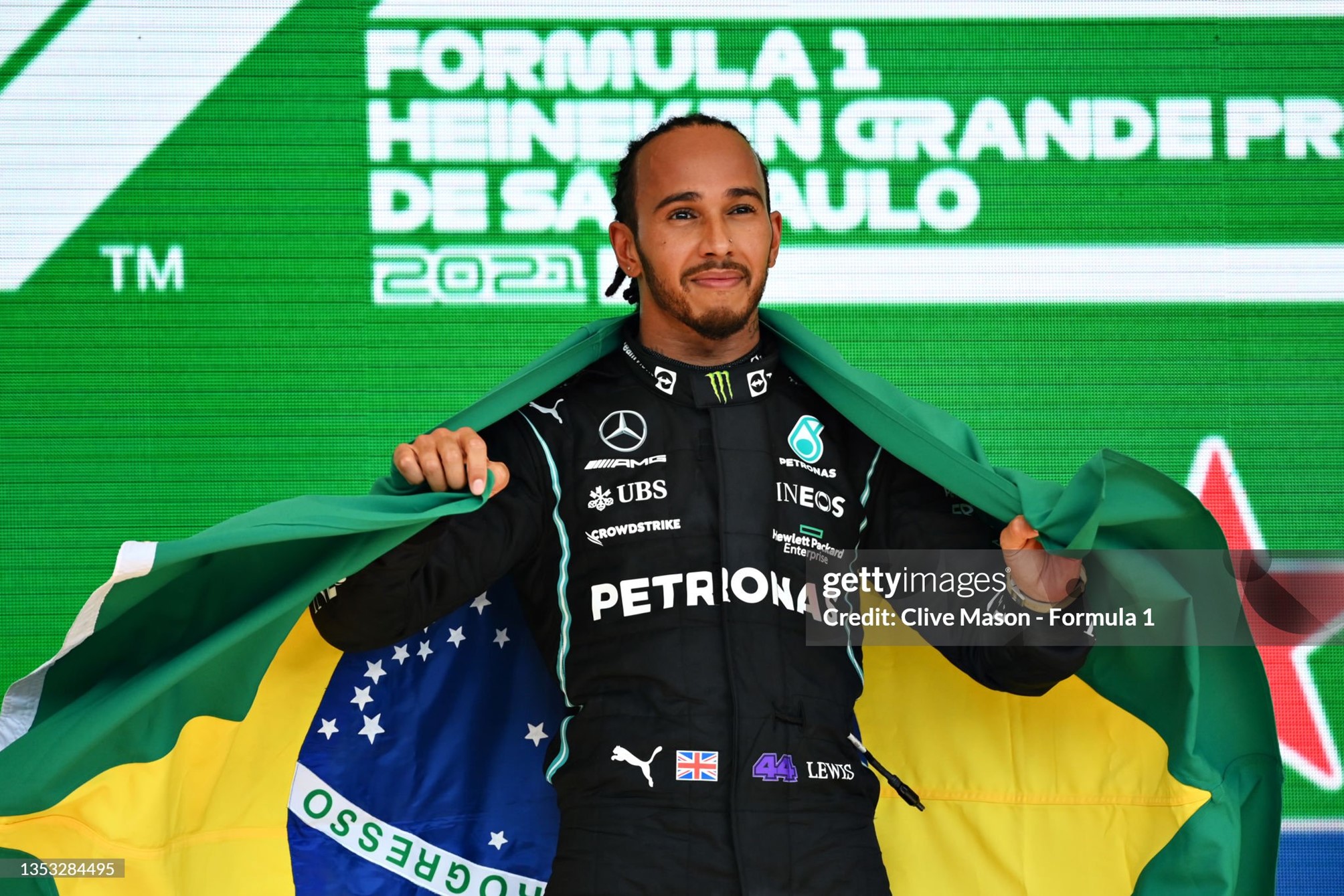 Race winner Lewis Hamilton celebrates on the podium after the F1 Grand Prix of Brazil at Autodromo Jose Carlos Pace in Sao Paulo, Brazil, on 14 November 2021. 