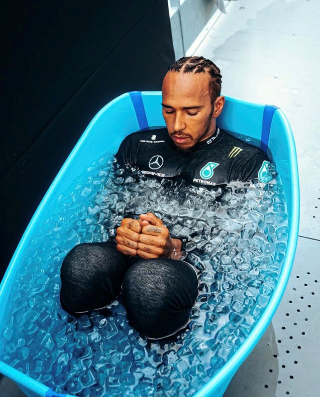 Lewis Hamilton takes an ice bath in Monaco on May 28, 2023.