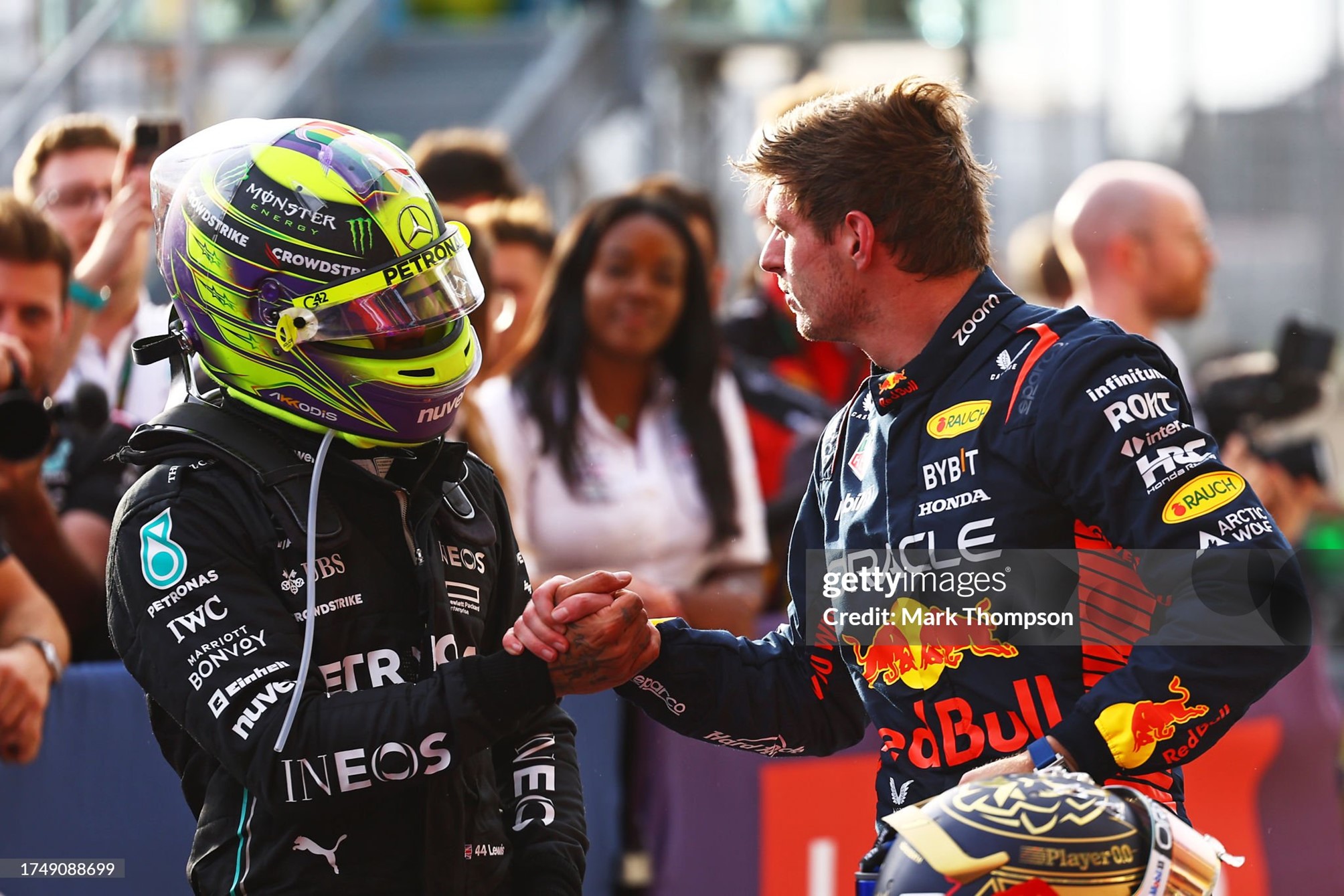 Sprint race winner Max Verstappen shakes hands with second placed Lewis Hamilton in parc ferme at Circuit of The Americas in Austin, Texas, on 19 October 2023. 