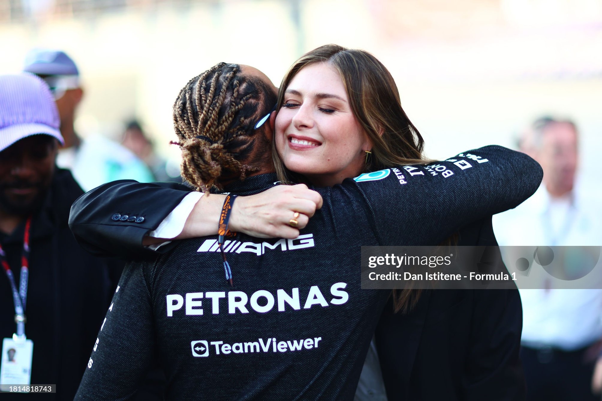 Lewis Hamilton greets Maria Sharapova on the grid prior to the F1 Grand Prix of Abu Dhabi at Yas Marina Circuit on November 26, 2023. 